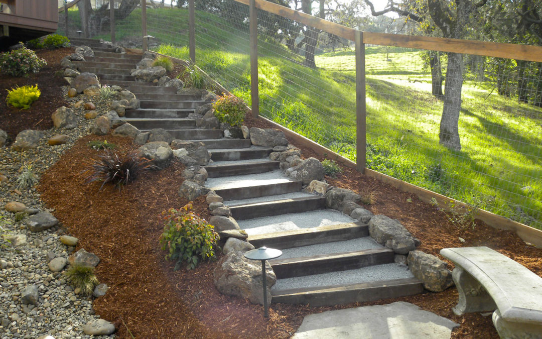 6 x 6 pressure treated steps backfilled with gray decomposed granite