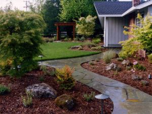 A flagstone pathway leads through a balanced garden space