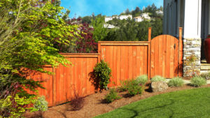 Stepped down redwood fence and gate