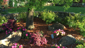 Napa Cobble Chip stone walls frame a lush lawn and a shade garden